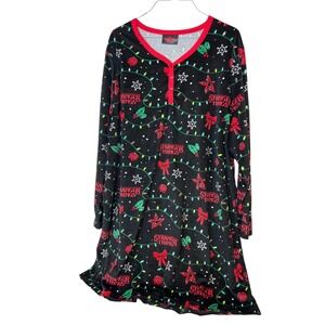 Stranger Things Christmas Nightgown Womens 2X Black Henley Sleep Shirt Eleven